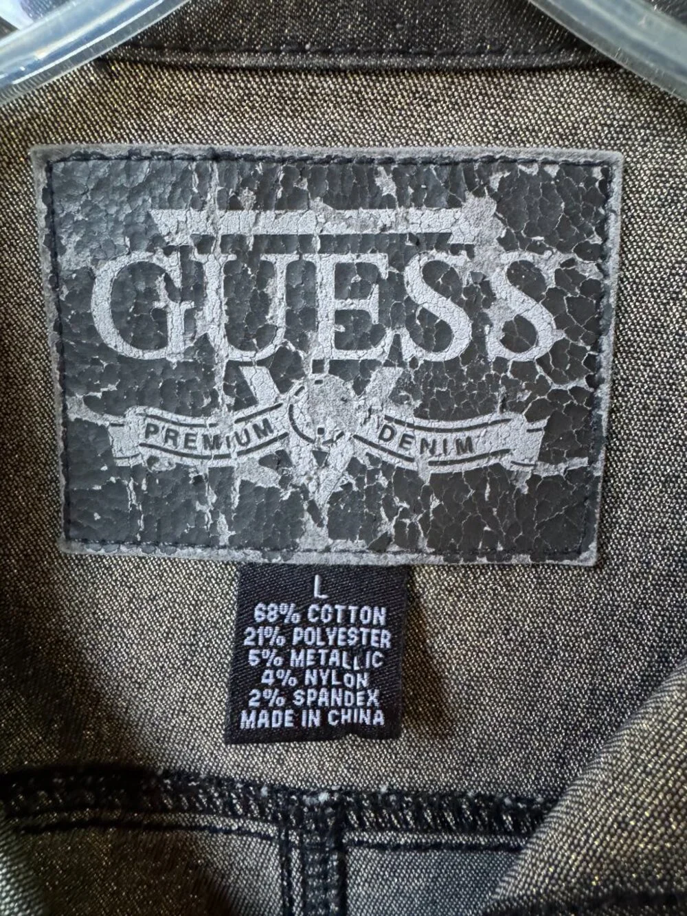 Vintage GUESS Metallic Gold Thread Black Denim Trucker Jacket in Women's Large